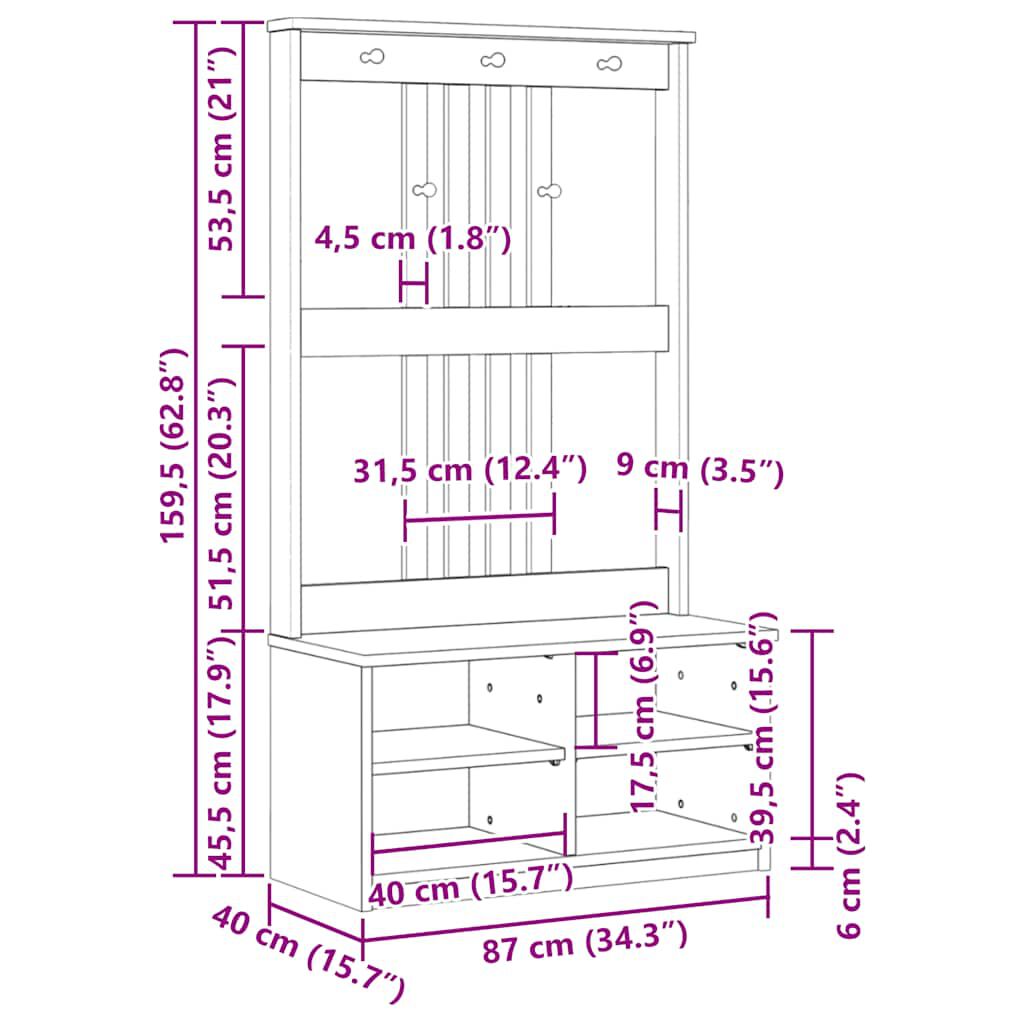 vidaXL Δέντρο χωλ "SANDNES" 87x40x159,5 εκ. Πεύκο μασίφ ξύλο