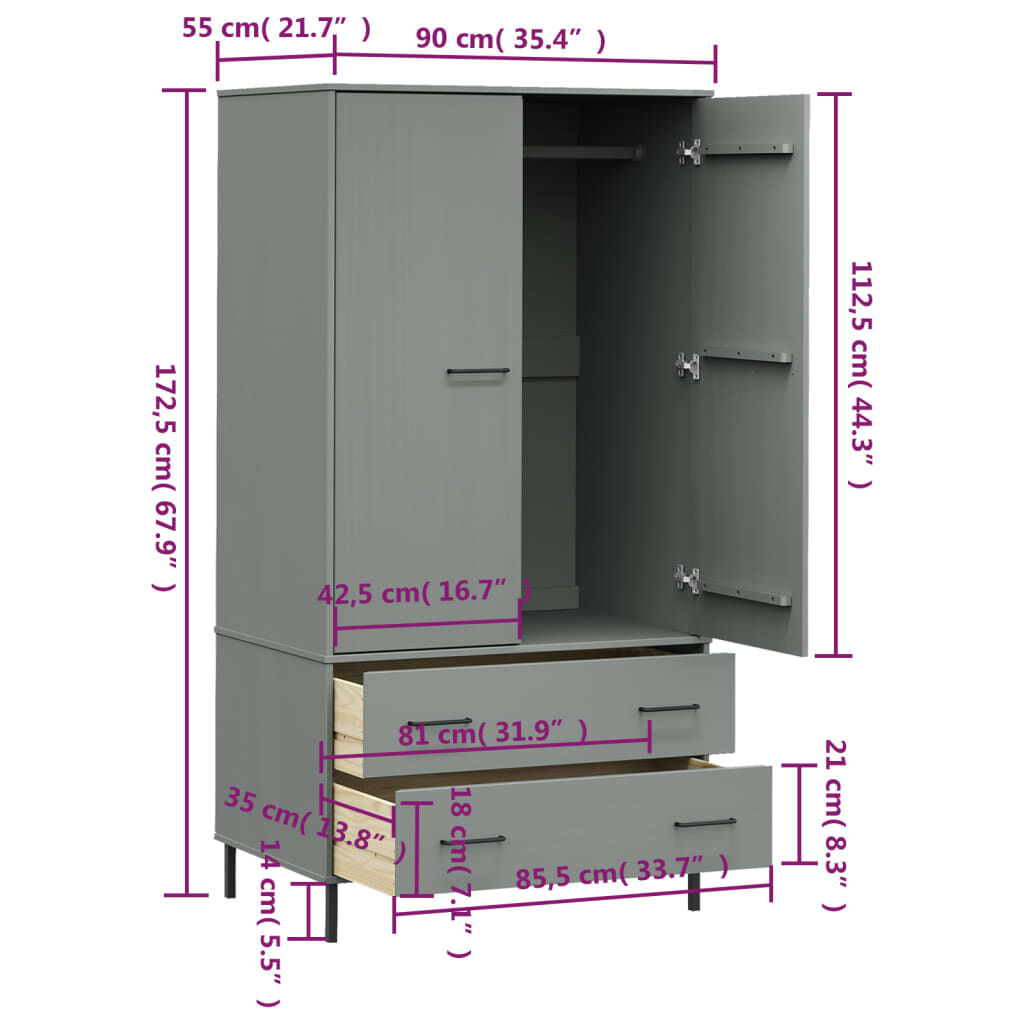 vidaXL Ντουλάπα OSLO Γκρι 90x55x172,5 εκ. Μασίφ Ξύλο με Μετ. Πόδια