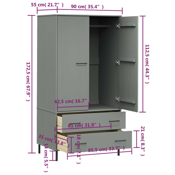 vidaXL Ντουλάπα OSLO Γκρι 90x55x172,5 εκ. Μασίφ Ξύλο με Μετ. Πόδια
