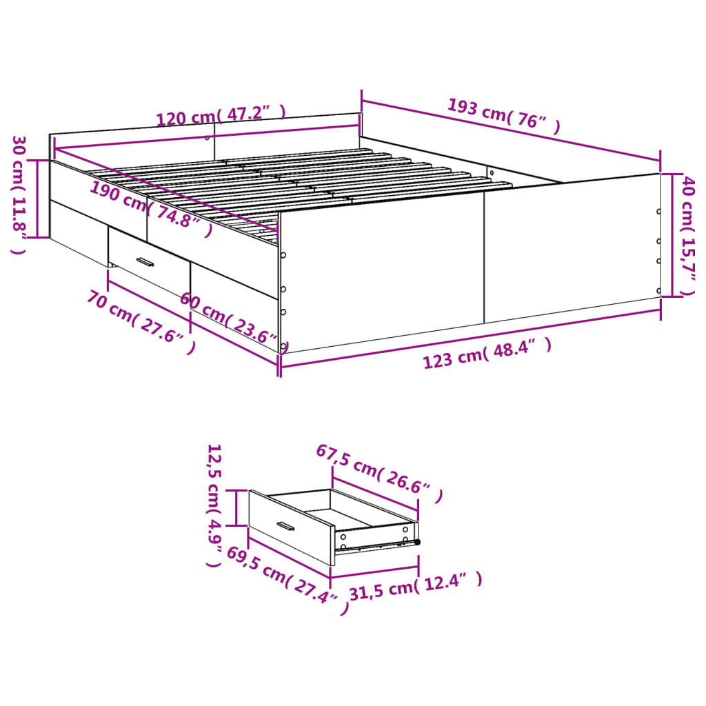 vidaXL Πλαίσιο Κρεβατιού με συρτάρια Γκρι sonoma 120x190εκ. Επεξ. Ξύλο