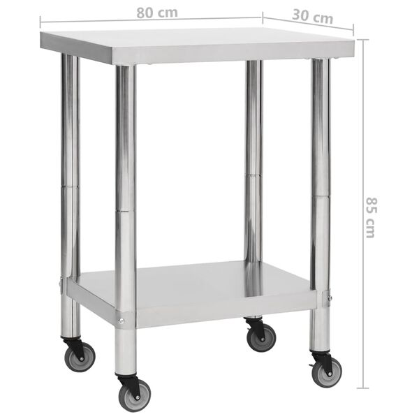 vidaXL Πάγκος Εργασίας Κουζίνας με Ροδάκια 80x30x85 εκ Ανοξείδ. Ατσάλι