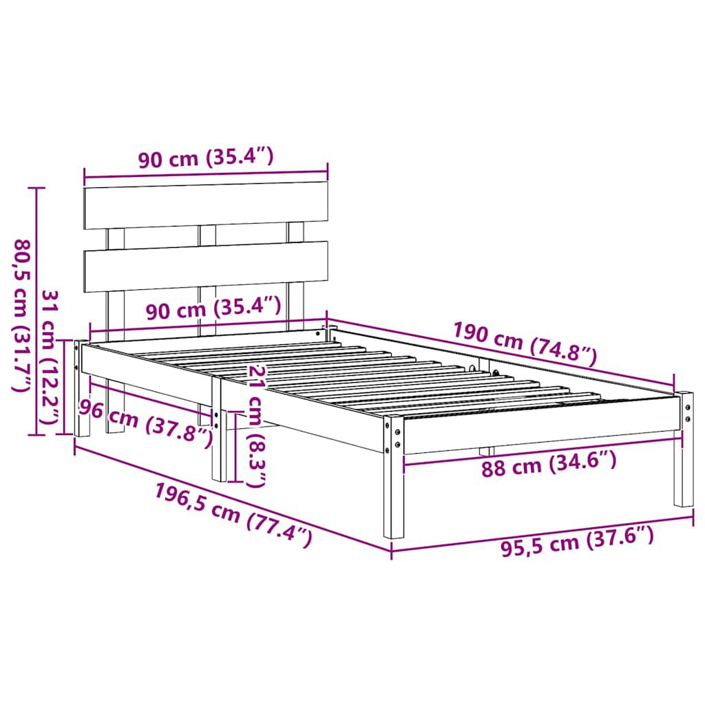 vidaXL Σκελετός Κρεβατιού Καφέ 90 x 190 cm Μασίφ ξύλο πεύκου
