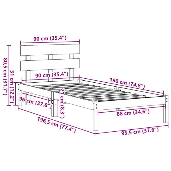 vidaXL Σκελετός Κρεβατιού Καφέ 90 x 190 cm Μασίφ ξύλο πεύκου
