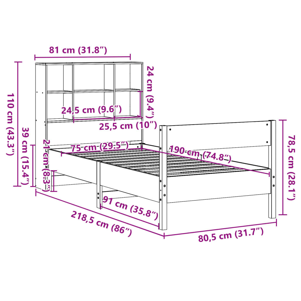 vidaXL Κρεβάτι Βιβλιοθήκη Χωρίς Στρώμα 75x190 εκ Μασίφ Ξύλο Πεύκο