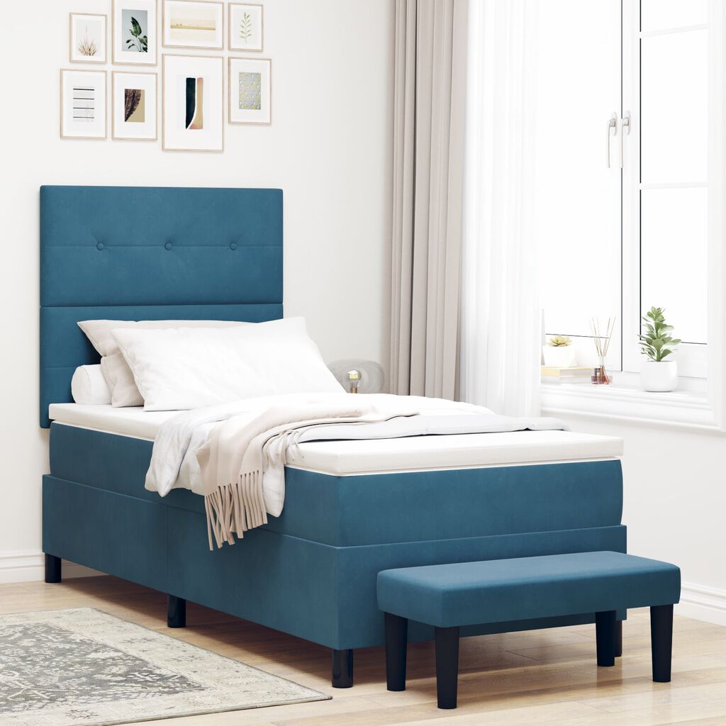 vidaXL Κρεβάτι Box Spring με Μαξιλάρι & Πάγκο Σκούρο Μπλε 90x190 εκ Βελούδο
