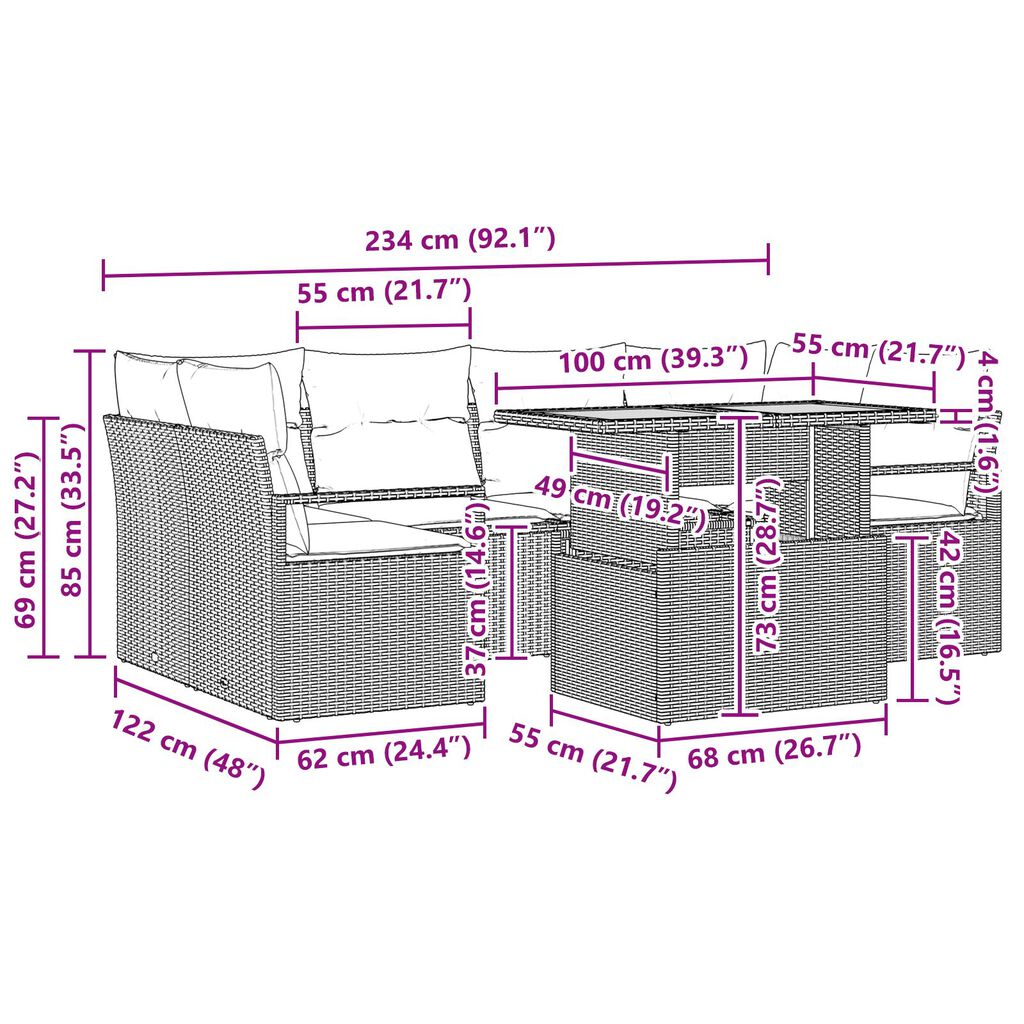 vidaXL Σετ Καναπέ Κήπου με μαξιλάρι 7 pcs Γκρι 100 x 55 x 73 εκ