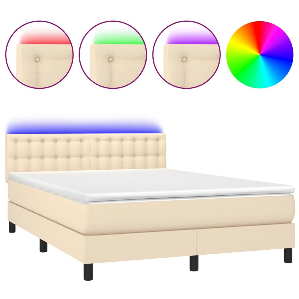 vidaXL Κρεβάτι Boxspring με Στρώμα & LED Κρεμ 140x190 εκ. Υφασμάτινο