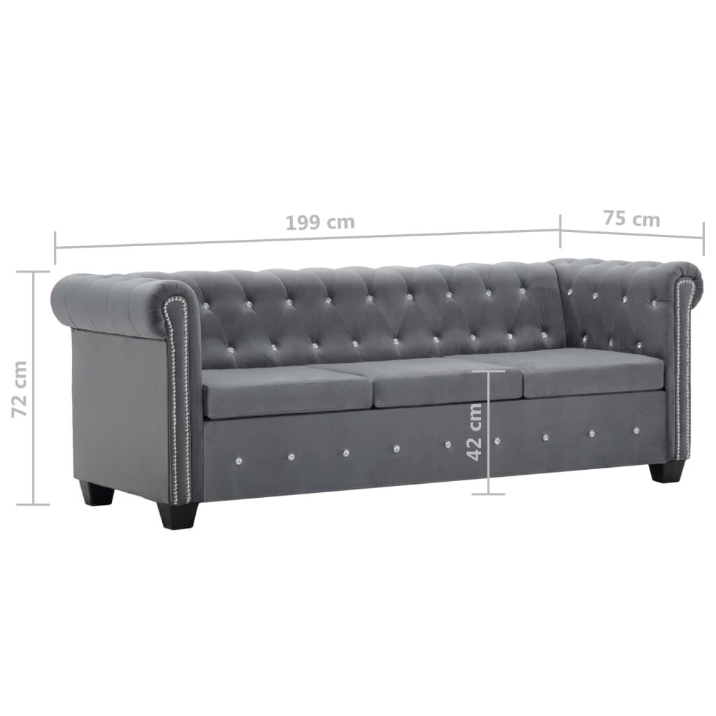 vidaXL Καναπές Τριθέσιος Chesterfield Γκρι 199 x 75 x 72 εκ. Βελούδο