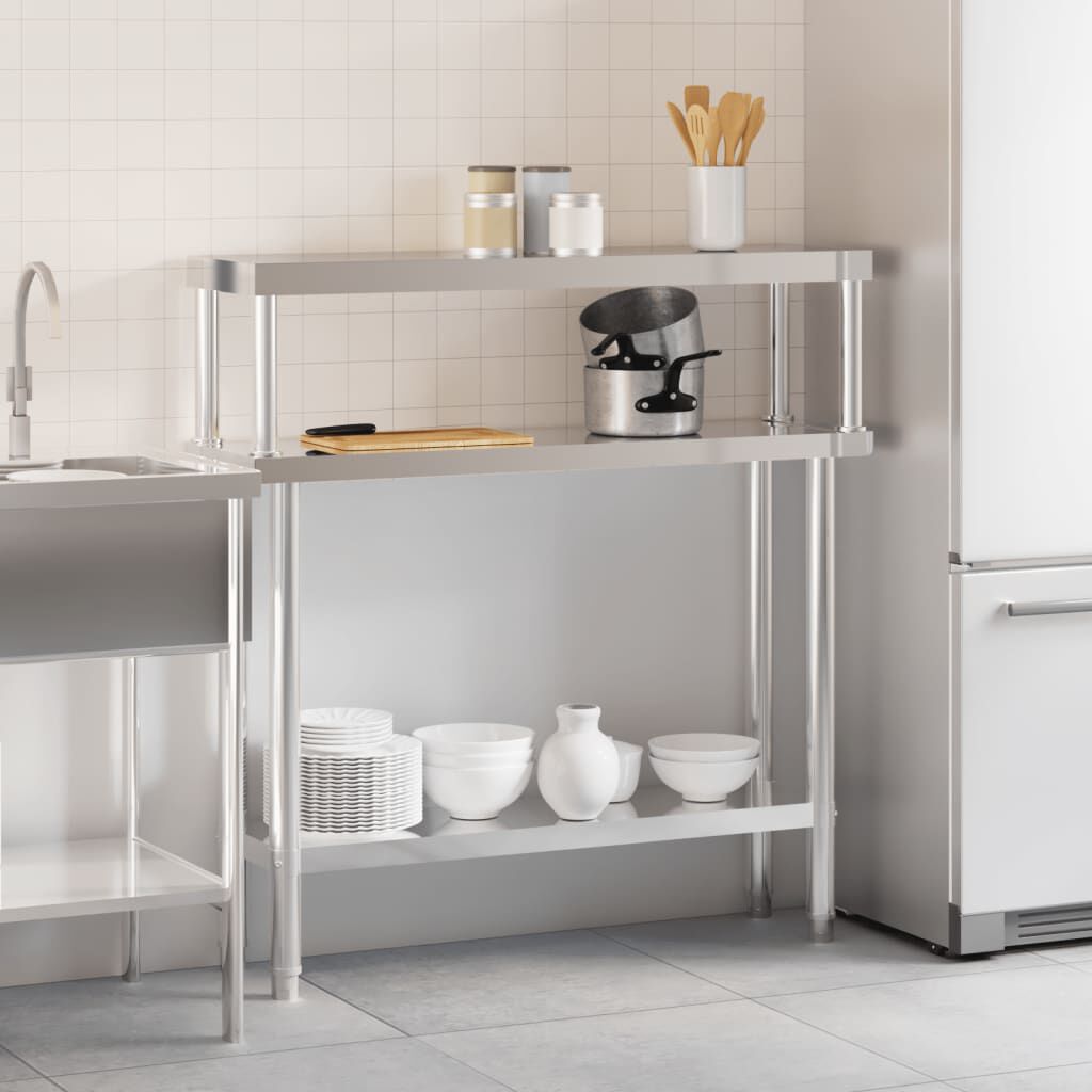 vidaXL Πάγκος Εργασίας Κουζίνας με Ράφι 110x30x120 εκ. Ανοξείδ. Ατσάλι