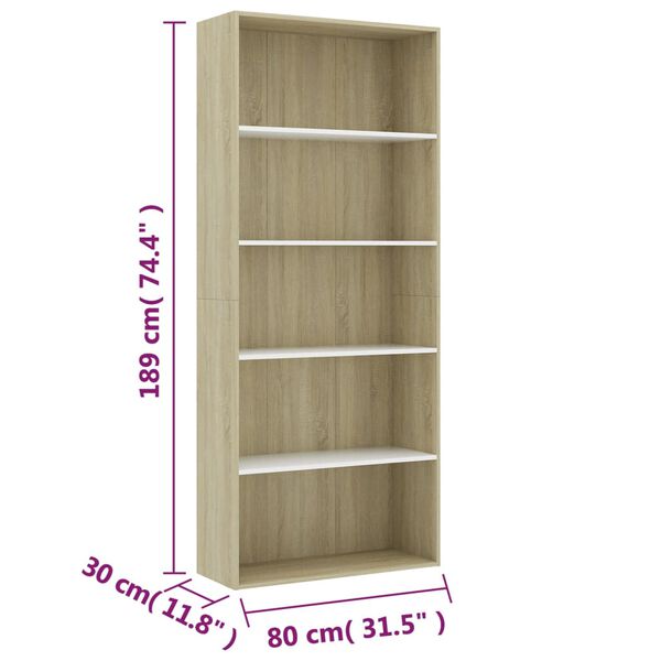 vidaXL Βιβλιοθήκη με 5 Ράφια Λευκό/Sonoma 80x30x189 εκ. Μοριοσανίδα