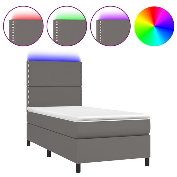 vidaXL Κρεβάτι Boxspring με Στρώμα & LED Γκρι 90x200 εκ. Συνθ. Δέρμα