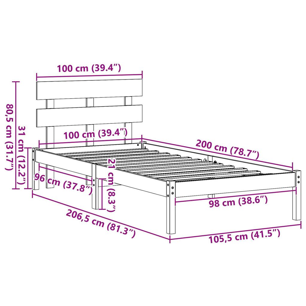 vidaXL Σκελετός Κρεβατιού Καφέ 100 x 200 cm Μασίφ ξύλο πεύκου