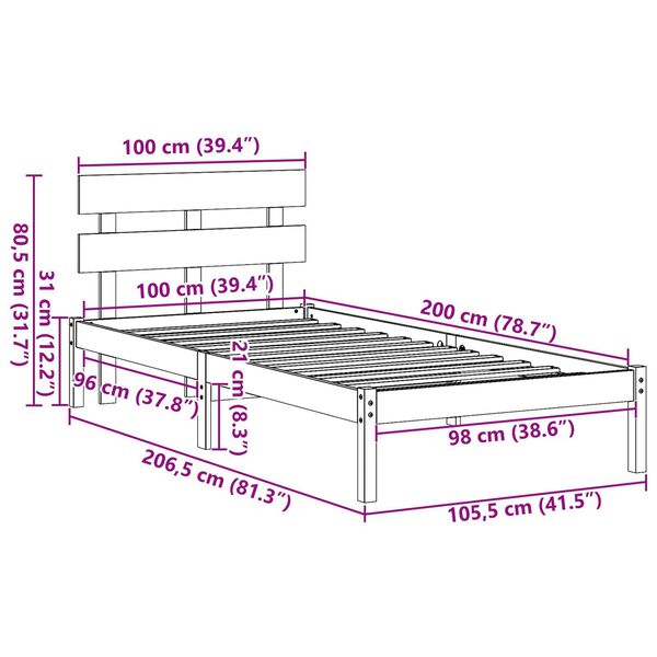 vidaXL Σκελετός Κρεβατιού Καφέ 100 x 200 cm Μασίφ ξύλο πεύκου