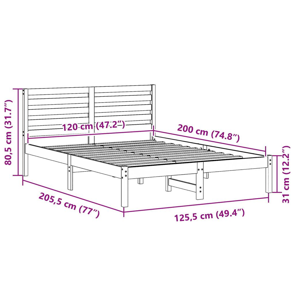 vidaXL Σκελετός Κρεβατιού Καφέ 120 x 200 cm Συμπαγές ξύλο πεύκου