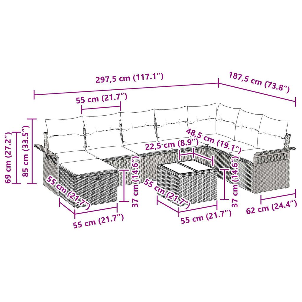 vidaXL Σετ Καναπέ Κήπου 9 pcs Ανοιχτό γκρι 297.5 x 187.5 x 85 εκ