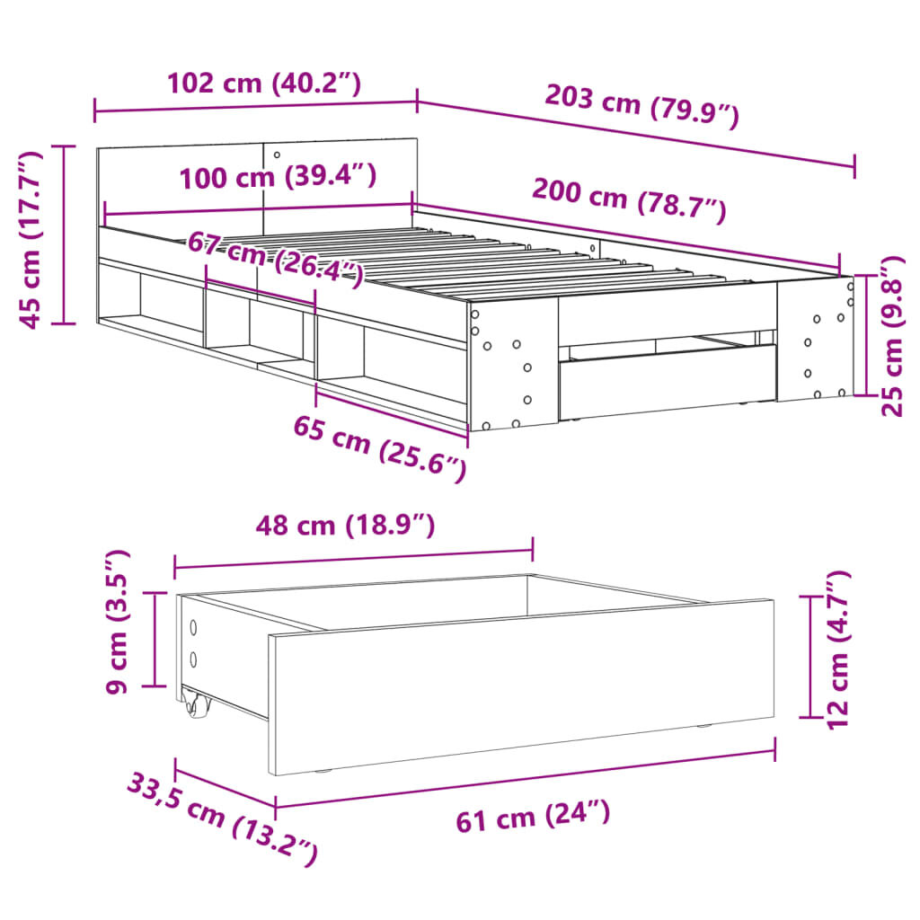vidaXL Πλαίσιο Κρεβατιού με συρτάρια Sonoma Δρυς 100x200εκ. Επεξ. Ξύλο