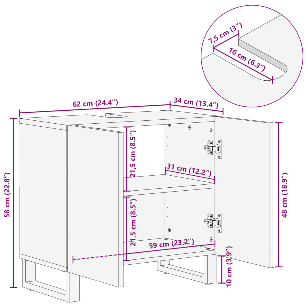 vidaXL Ντουλάπι Νιπτήρα 62x34x58 εκ. από Μασίφ Ακατέργαστο Ξύλο Μάνγκο