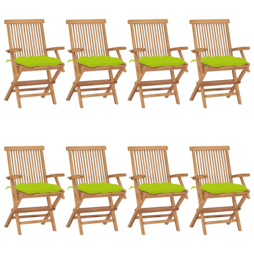 vidaXL Καρέκλες Κήπου 8 τεμ. Μασίφ Ξύλο Teak με Φωτ. Πράσινα Μαξιλάρια