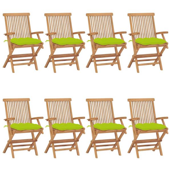 vidaXL Καρέκλες Κήπου 8 τεμ. Μασίφ Ξύλο Teak με Φωτ. Πράσινα Μαξιλάρια