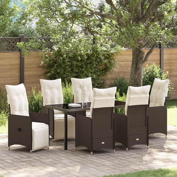 vidaXL Σέτ φαγητού για κήπο με μαξιλάρι 7 pcs Καφέ Πολυ ράταν