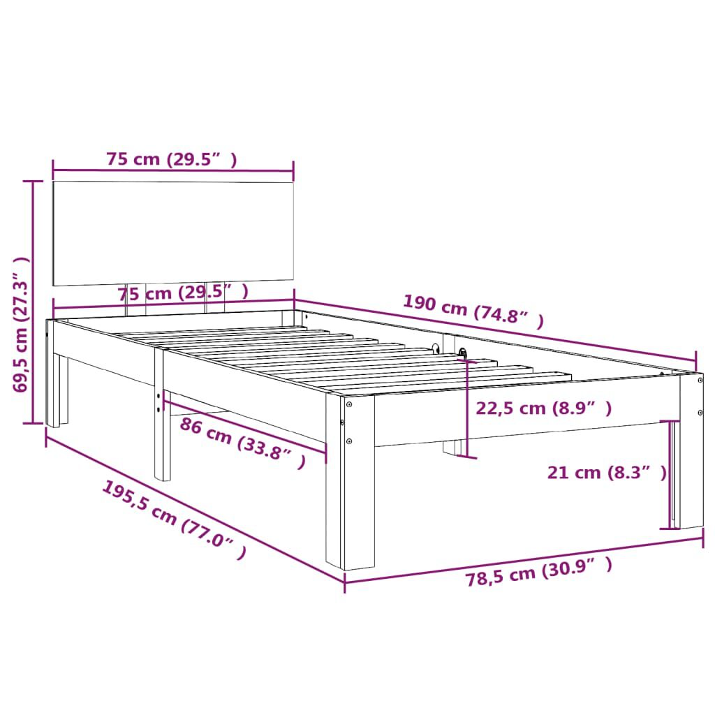 vidaXL Πλαίσιο Κρεβατιού Λευκό 75x190 εκ. Μασίφ Ξύλο Small Single