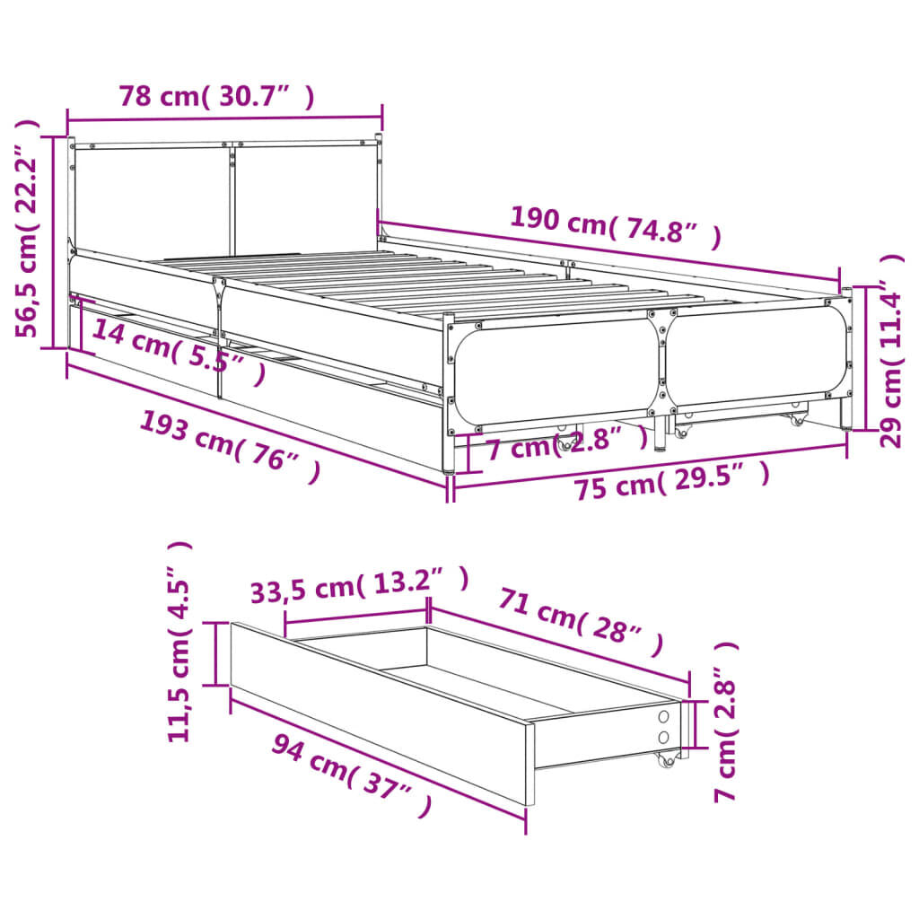 vidaXL Πλαίσιο Κρεβατιού με Συρτάρια Γκρι Sonoma 75x190 εκ. Επεξ. Ξύλο