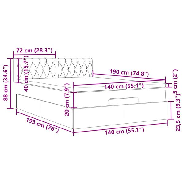 vidaXL Οθωμανικό κρεβάτι με στρώμα Μαύρο 140x190cm Ύφασμα