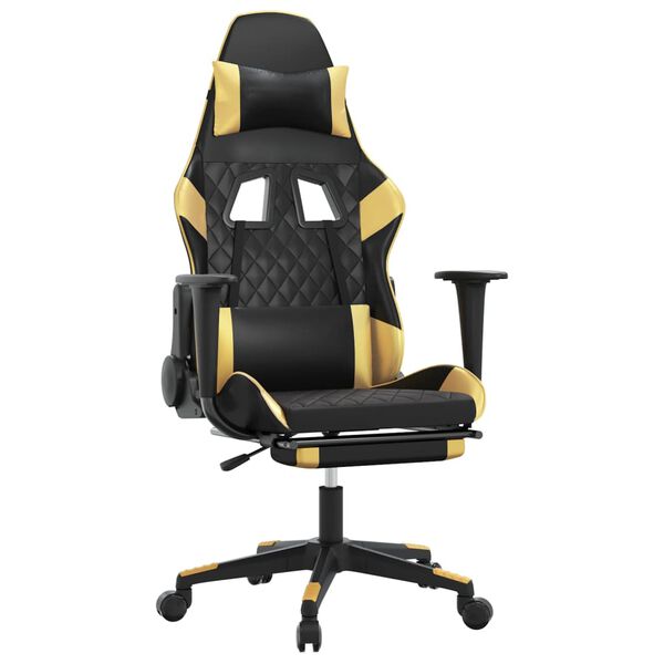 vidaXL Καρέκλα Gaming Μασάζ Υποπόδιο Μαύρος χρυσός από Συνθετικό Δέρμα