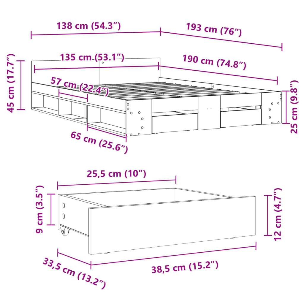 vidaXL Πλαίσιο Κρεβατιού με συρτάρια Γκρι sonoma 135x190εκ. Επεξ. Ξύλο