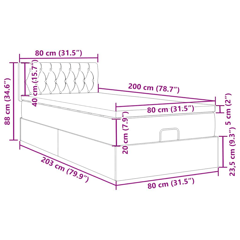 vidaXL Οθωμανικό κρεβάτι με στρώμα & LEDs Σκούρο γκρι 80x200cm ύφασμα