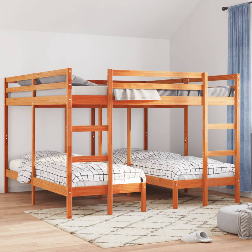 vidaXL Τριπλή Κουκέτα Καφέ Κεριού 200x200/80x200 εκ. Μασίφ Ξύλο Πεύκου