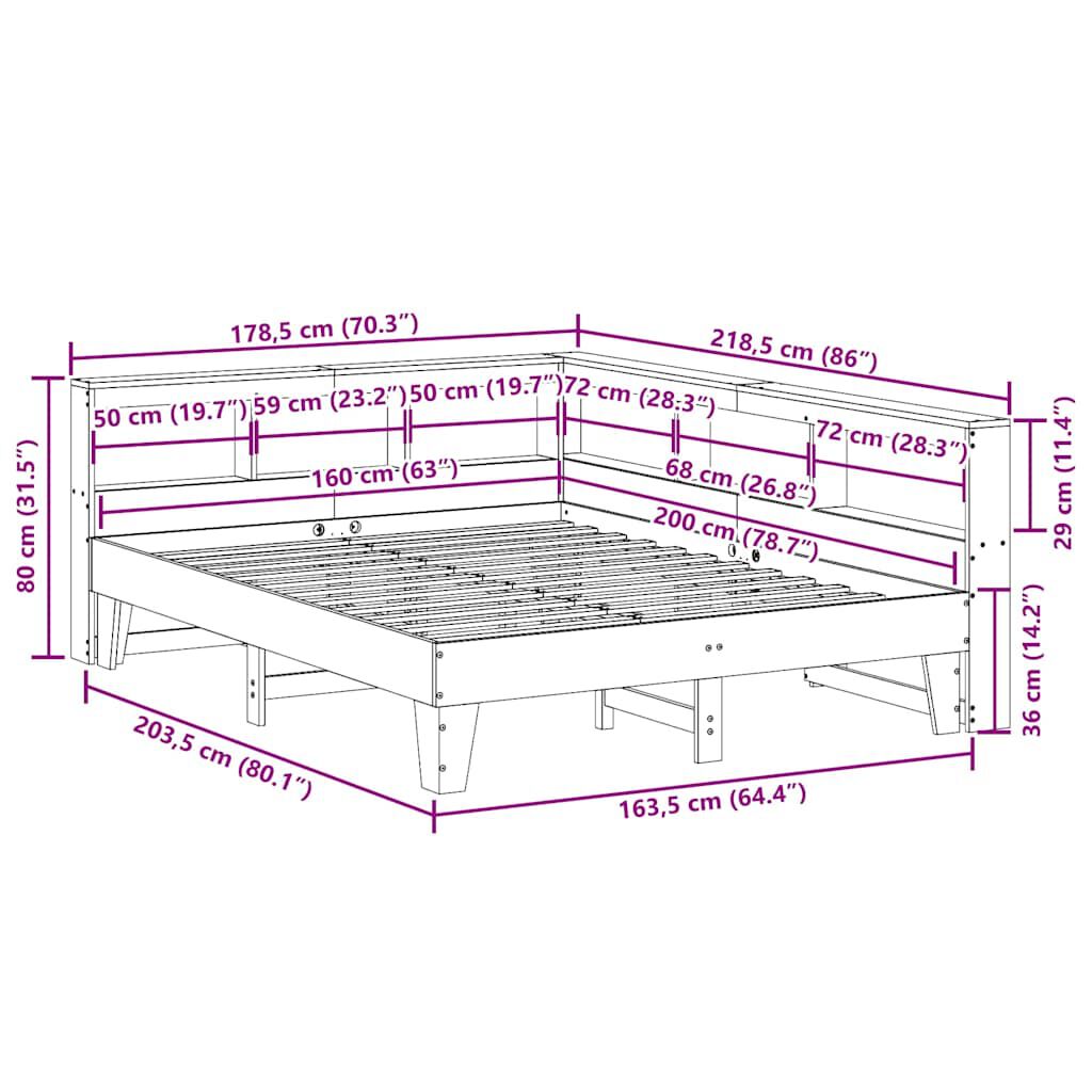 vidaXL Κρεβάτι Βιβλιοθήκη Χωρίς Στρώμα 160x200 εκ Μασίφ Ξύλο Πεύκου
