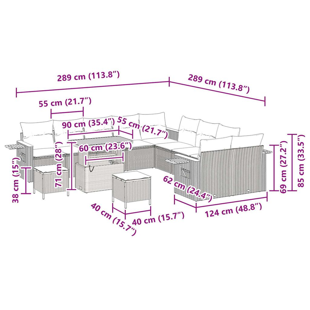 vidaXL Σετ Καναπέ Κήπου 13 pcs μπεζ και κρεμ 90 x 55 x 71 cm