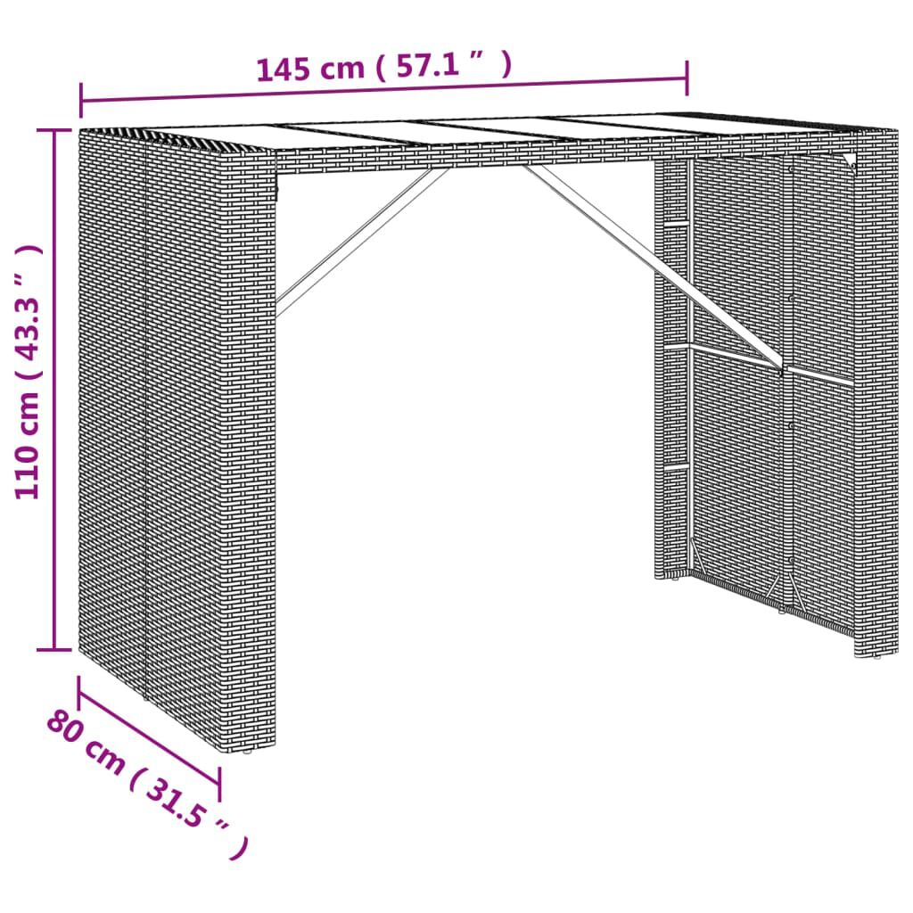vidaXL Τραπέζι Μπαρ με Γυάλ. Επιφάνεια Μαύρο 145x80x110 εκ Συνθ. Ρατάν