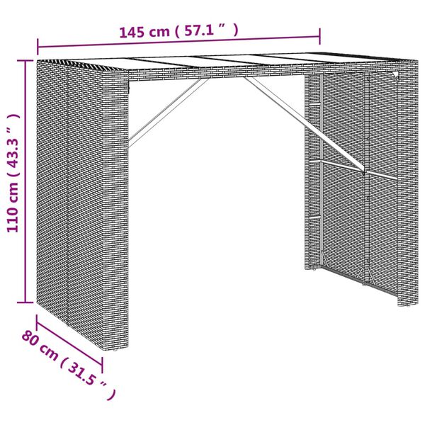 vidaXL Τραπέζι Μπαρ με Γυάλ. Επιφάνεια Μαύρο 145x80x110 εκ Συνθ. Ρατάν