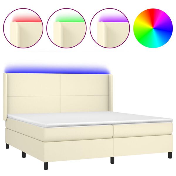 vidaXL Κρεβάτι Boxspring με Στρώμα & LED Κρεμ 200x200 εκ. Συνθ. Δέρμα