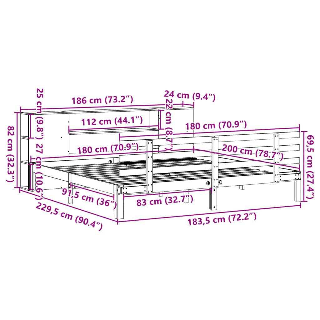 vidaXL Κρεβάτι Βιβλιοθήκη Χωρίς Στρώμα 180x200 εκ Μασίφ Ξύλο Πεύκου