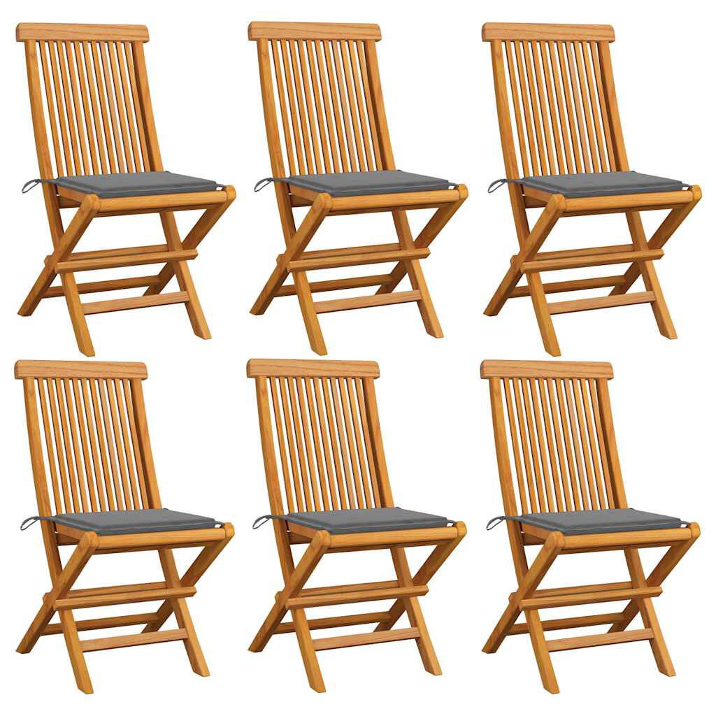 vidaXL Καρέκλες Κήπου 6 τεμ. από Μασίφ Ξύλο Teak με Γκρι Μαξιλάρια