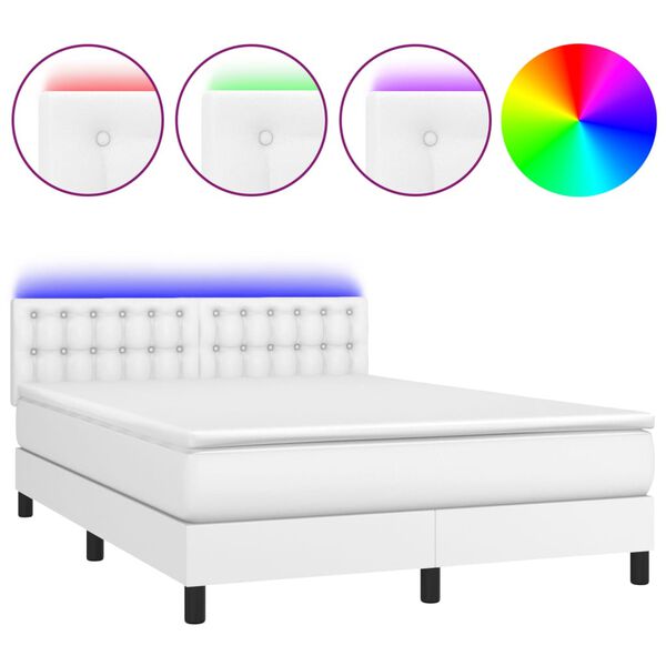 vidaXL Κρεβάτι Boxspring με Στρώμα & LED Λευκό 140x200 εκ. Συνθ. Δέρμα