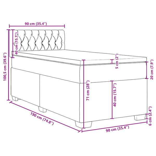 vidaXL Κρεβάτι Boxspring με Στρώμα Ανοιχτό Γκρι 90x190 εκ. Βελούδινο
