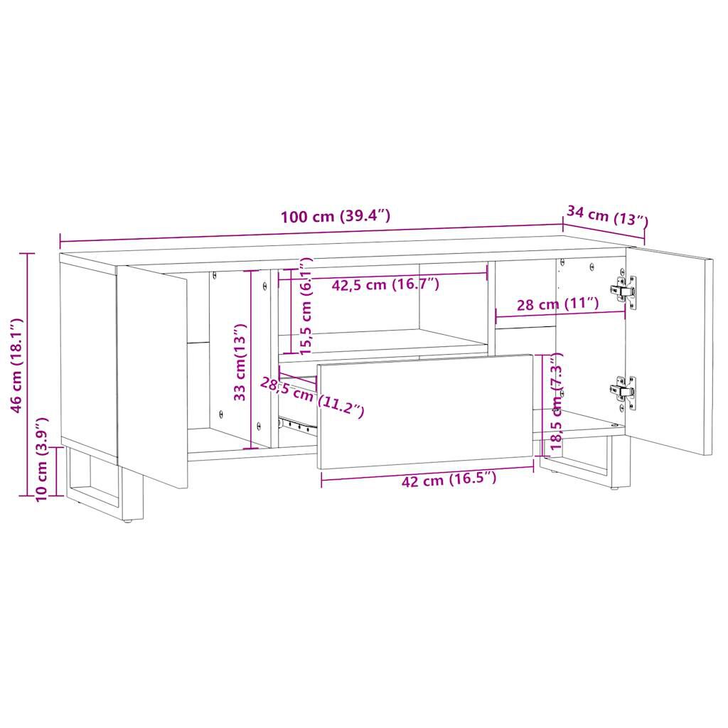 vidaXL Έπιπλο Τηλεόρασης 100x34x46 εκ. από Μασίφ Ξύλο Μάνγκο