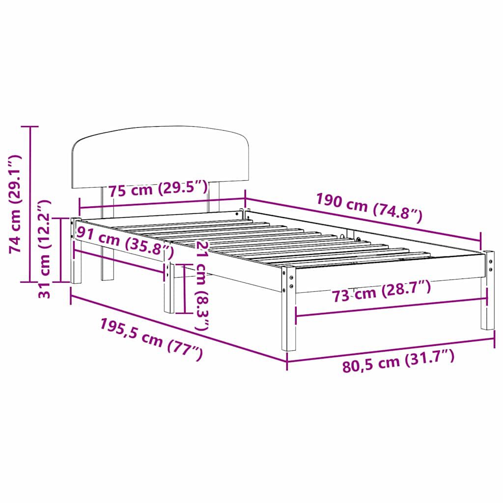 vidaXL Σκελετός Κρεβατιού Καφέ 75 x 190 cm Μασίφ ξύλο πεύκου