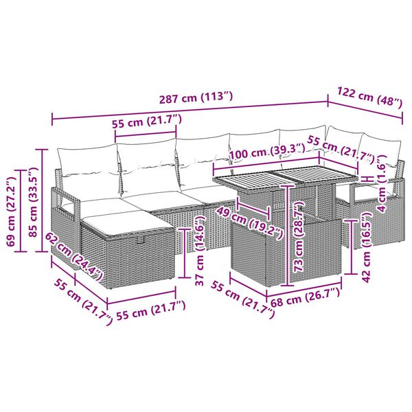 vidaXL Σετ 8 κομματιών Καναπέ Κήπου με Μαξιλάρια Γκρι Πολυ Ρατάν