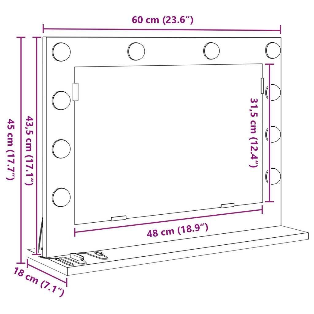 vidaXL Καθρέφτης Vanity με Φώτα LED Μαύρη Δρυς 60x45x18 εκ.