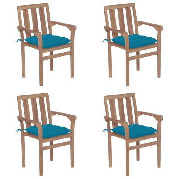 vidaXL Καρέκλες Κήπου Στοιβαζόμενες 4 τεμ. Μασίφ Ξύλο Teak & Μαξιλάρια