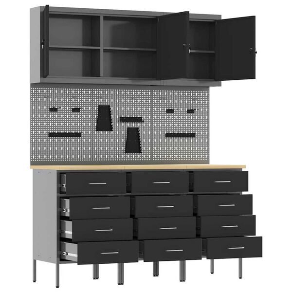vidaXL Πάγκος εργασίας με συρτάρι 8 pcs Μαύρο 150 x 55 x 200 εκ Ατσάλι