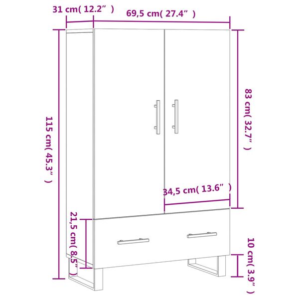 vidaXL Ντουλάπα Γυαλ. Λευκό 69,5 x 31 x 115 εκ. από Επεξεργασμένο Ξύλο