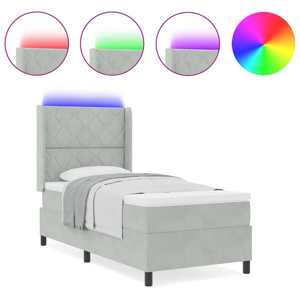 vidaXL Κρεβάτι Box Spring LED με Στρώμα Ανοιχτό γκρι 90 x 200 cm