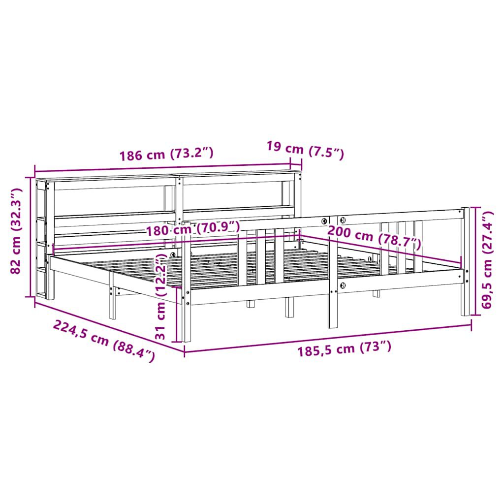 vidaXL Πλαίσιο Κρεβατιού με Κεφαλάρι 180x200 εκ. από Μασίφ Ξύλο Πεύκου