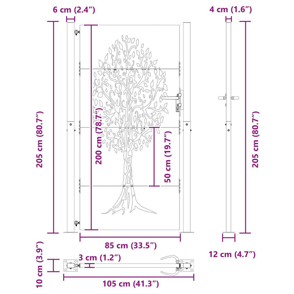 vidaXL Πύλη Κήπου Άλλο Μαύρο 105 x 200 cm Ατσάλι με Επικάλυψη Πούδρας